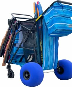 Beach Cart Deluxe Folding Utility Wagon - Heavy Duty, 13" Balloon Wheels, Removable Bag, Blue Striped, Holds 4 Chairs & Umbrella