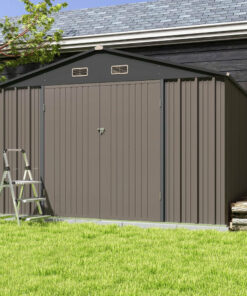Patiowell 10x10 ft Metal Outdoor Storage Shed with Sloping Roof & Lockable Doors, Coffee Brown